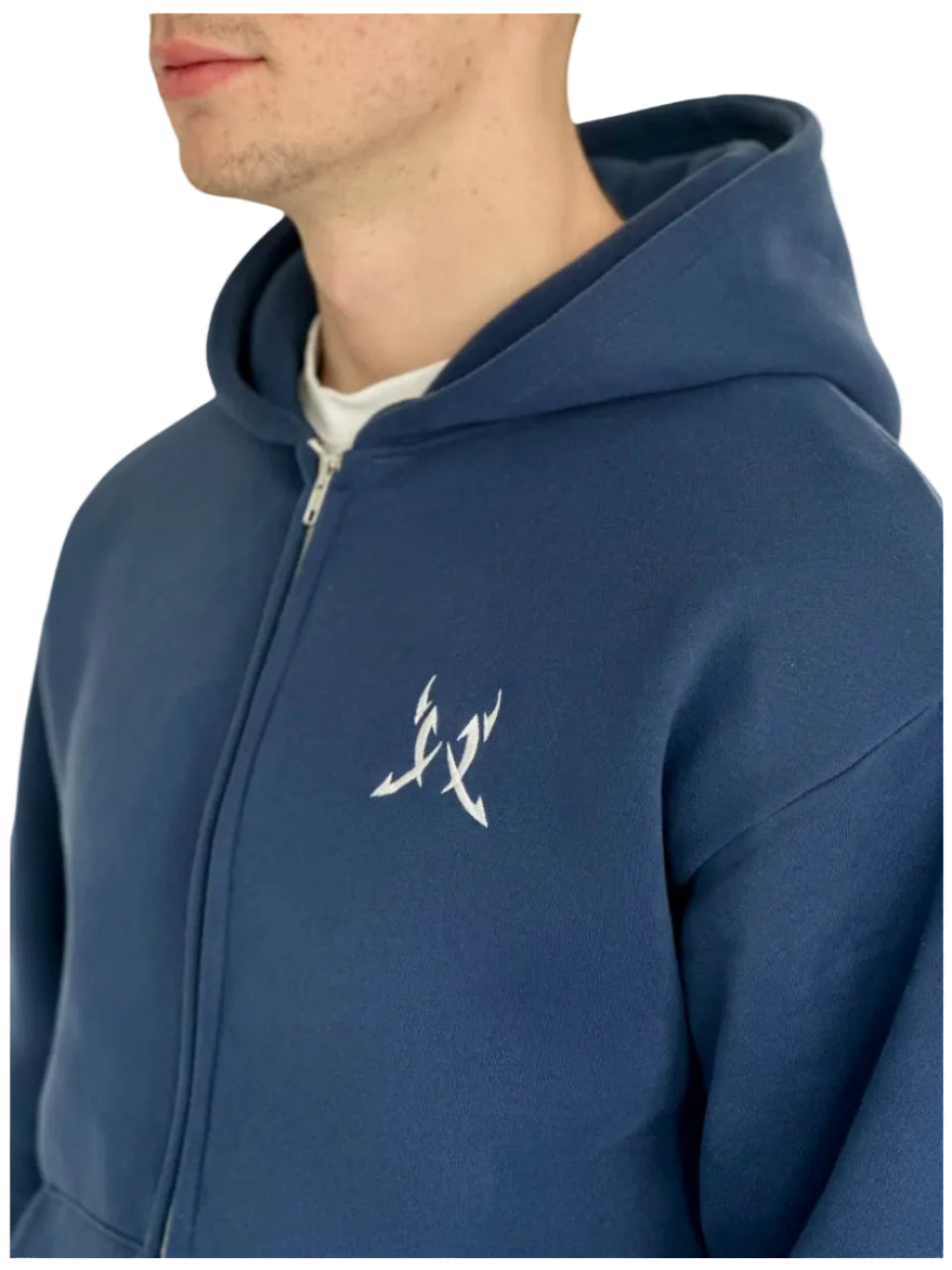 Blue hoodie with a white logo on a white background