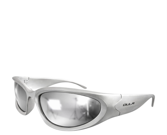 Silver sunglasses with reflective lenses on a white background