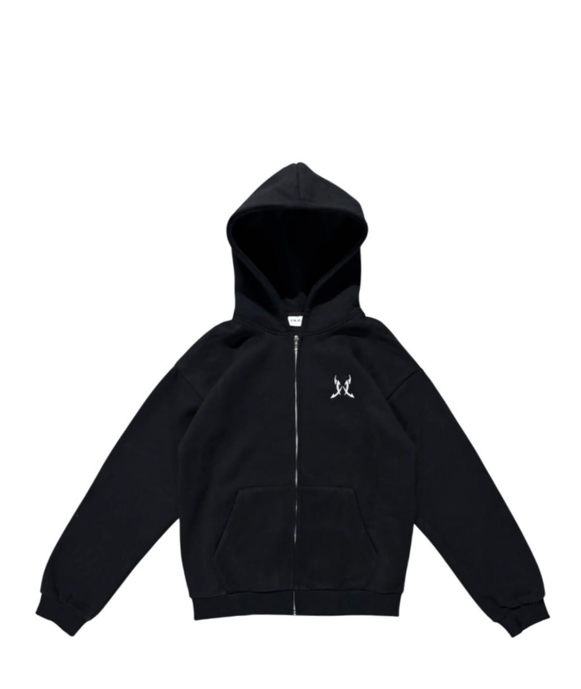 Black hoodie with a small logo on a white background
