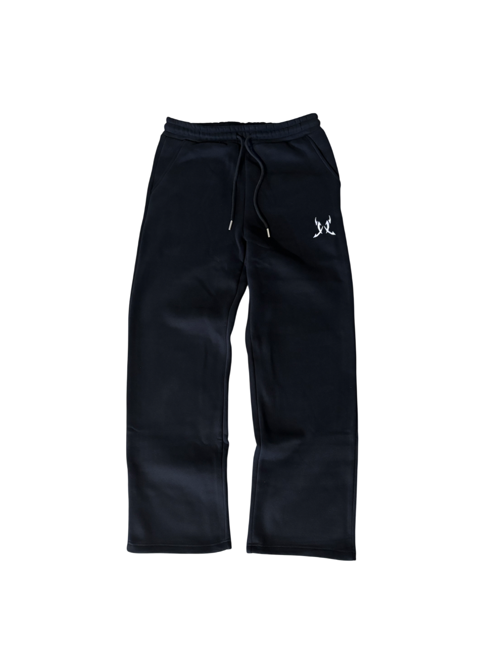 Black sweatpants with a logo on a white background