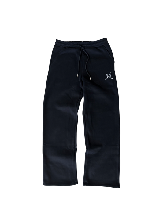 Black sweatpants with a logo on a white background