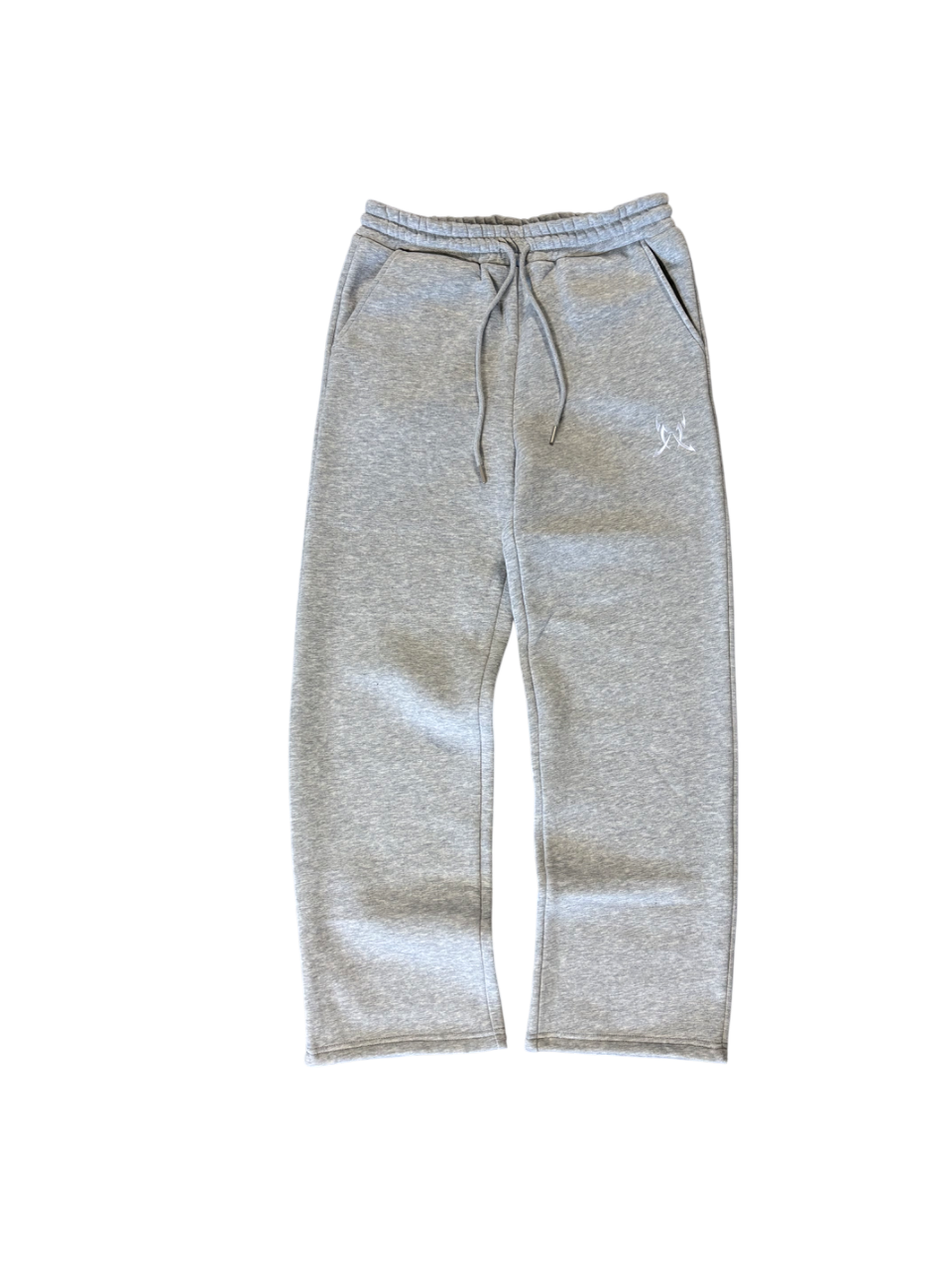 Gray sweatpants with a brand logo on a white background