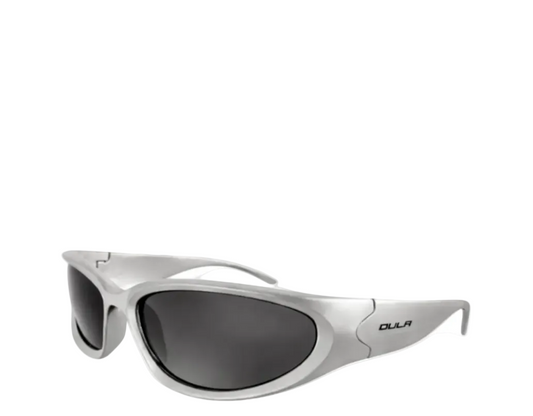 Silver sunglasses with dark lenses on a white background