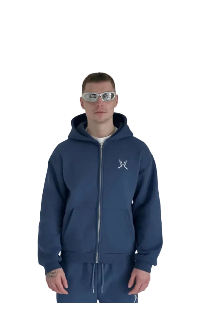 Person wearing a navy blue hoodie with a logo on a white background