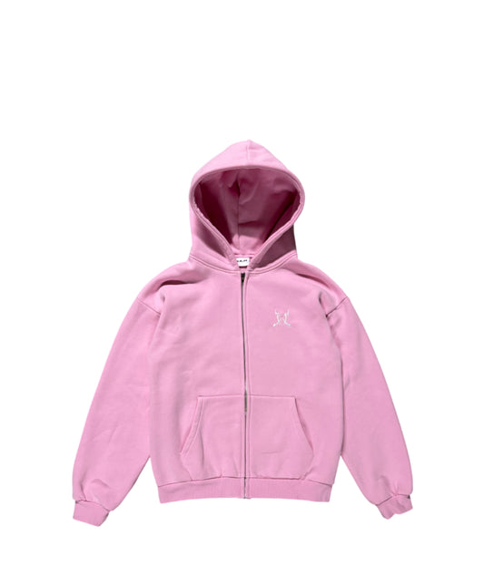 Pink hoodie with a brand logo on a white background