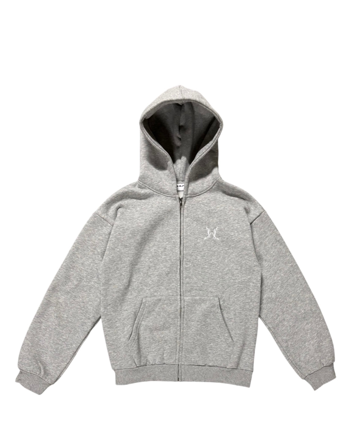 Gray hoodie with a brand logo on a white background