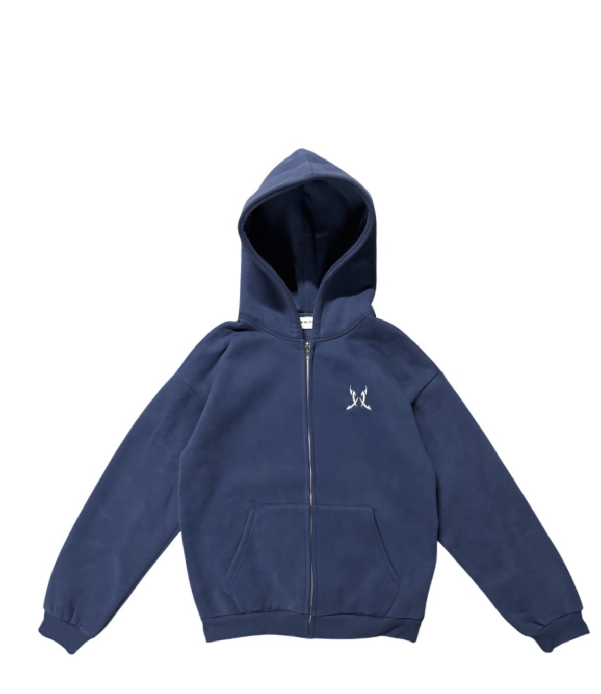 Navy blue hoodie with a small white logo on a white background