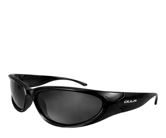 Black futuristic sunglasses with logo on a white background