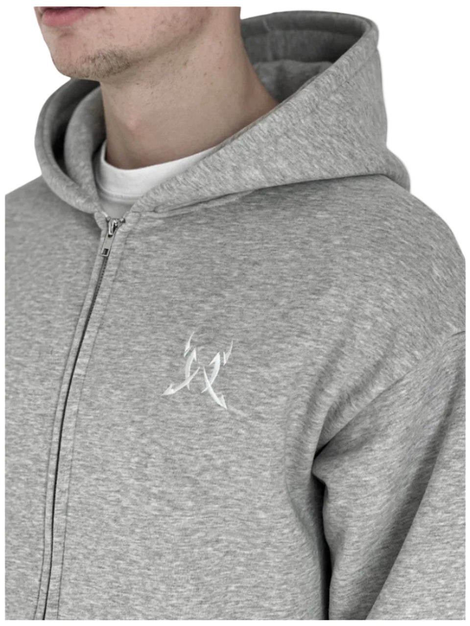 Gray hoodie with a logo on the chest